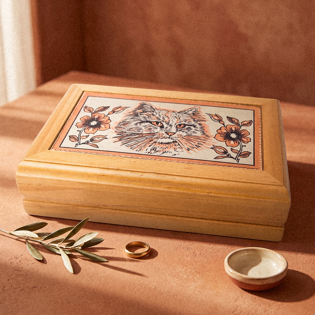 Longhair Cat Copper Art Wooden Jewelry Box