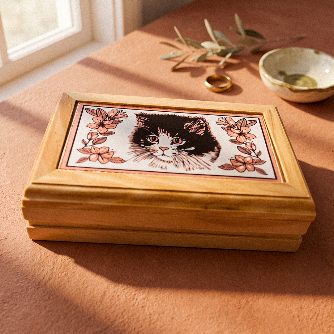 Tuxedo Cat Copper Art Wooden Jewelry Box