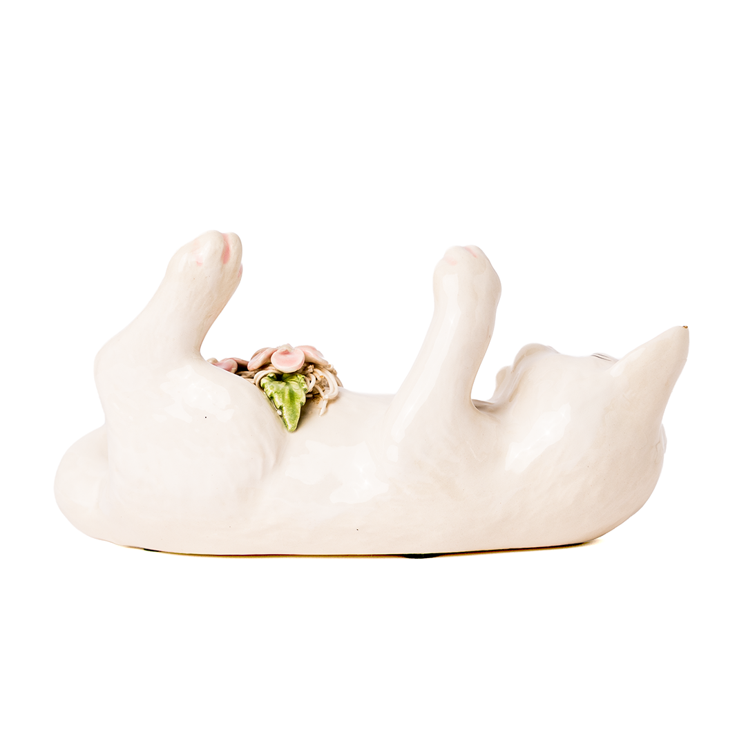 Vintage White Kitten Figurine with Roses – Reclining Cat Ceramic Sculpture