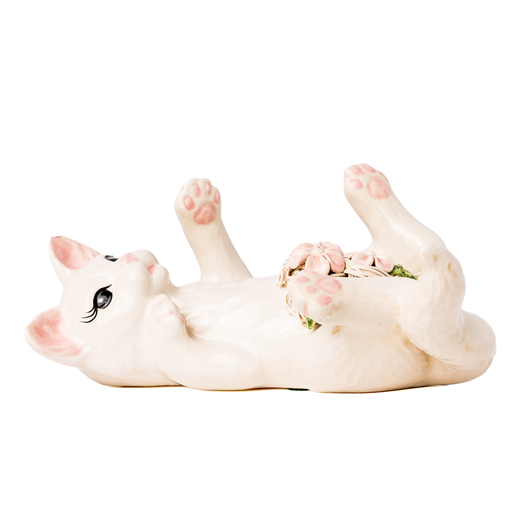 Vintage White Kitten Figurine with Roses – Reclining Cat Ceramic Sculpture