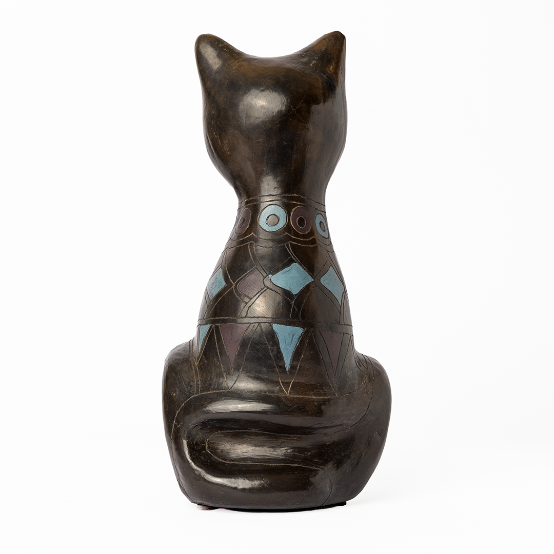 Vintage Oaxaca Black Pottery Cat Sculpture – Manuel Felguérez Style Ceramic Figurine