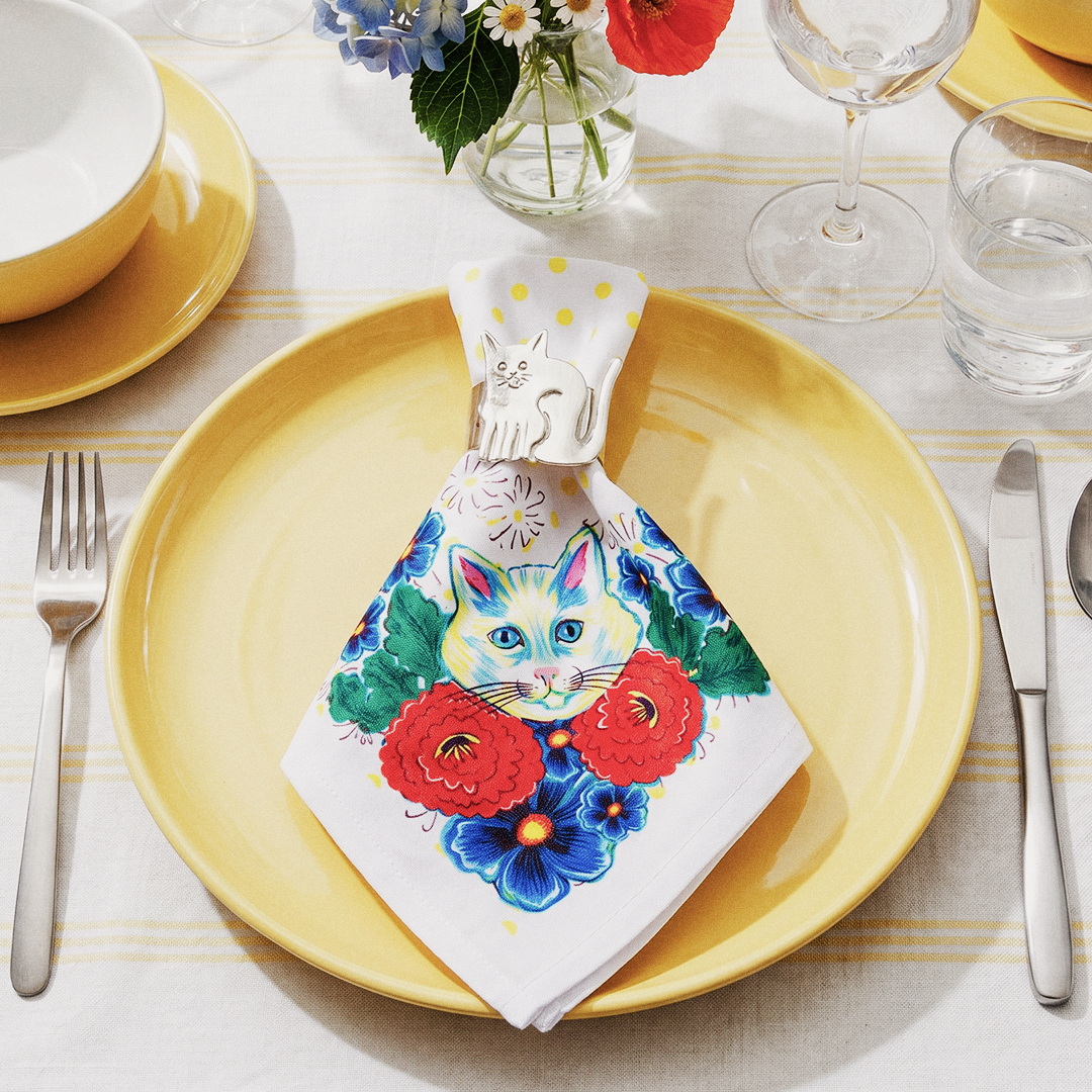 Blue Floral Cat Cloth Napkins | Set of 4