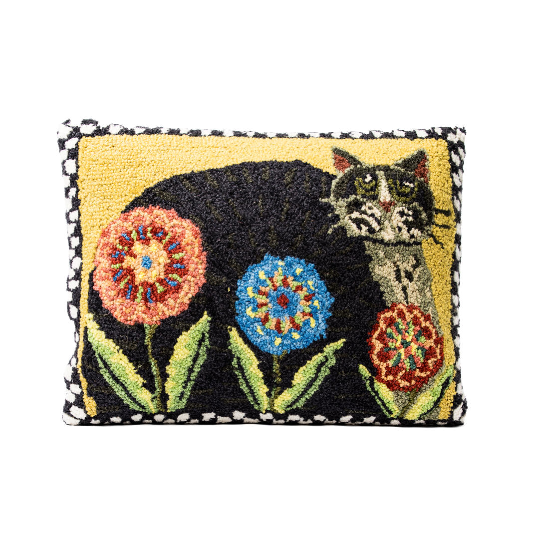 Black Cat & Folk Floral Hooked Wool Throw Pillow