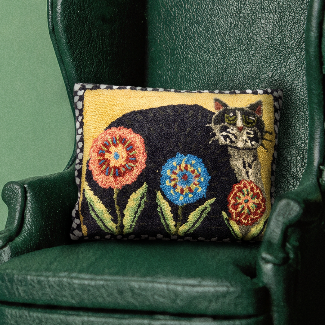 Black Cat & Folk Floral Hooked Wool Throw Pillow