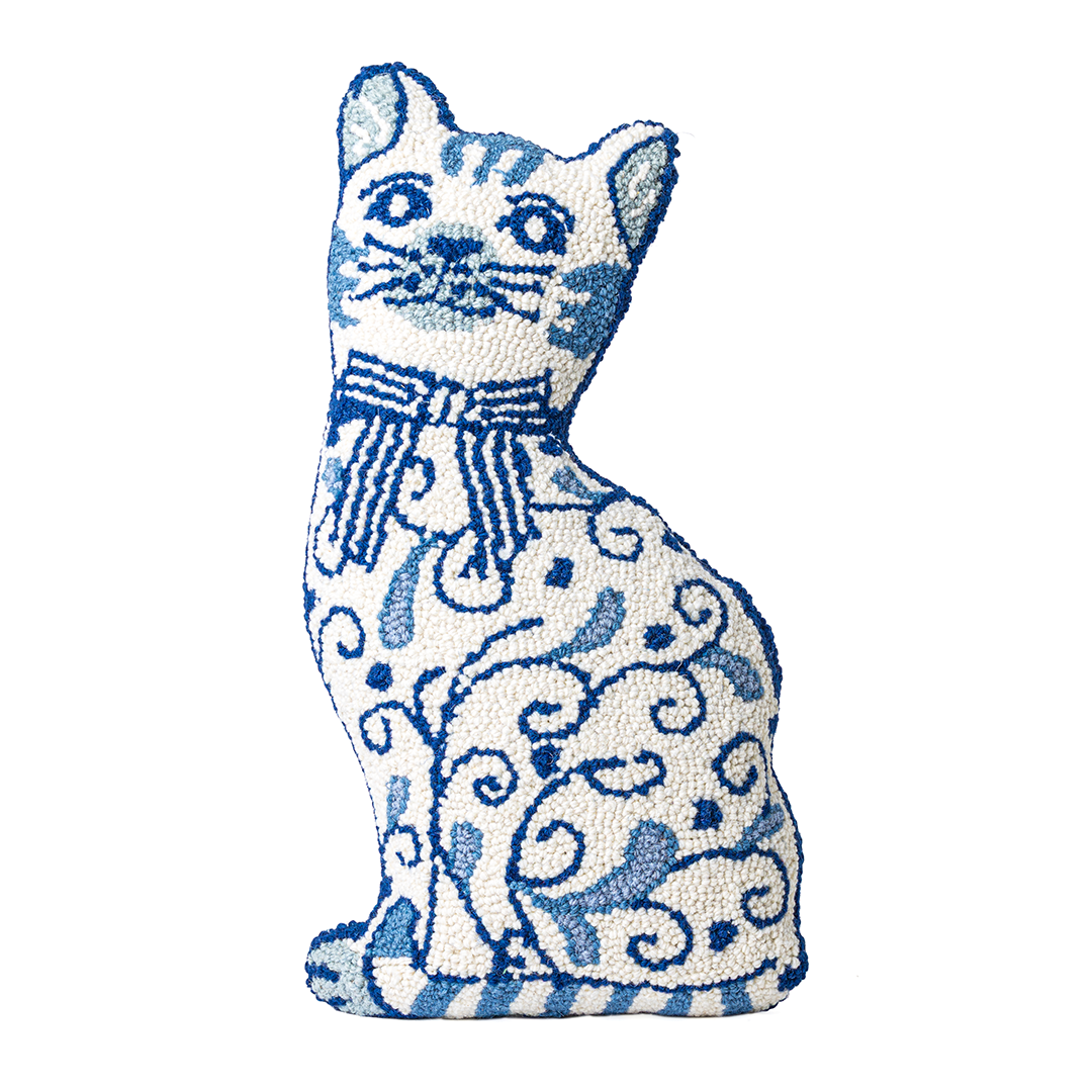 Chinoiserie Cat Hook Pillow — Blue & White Decorative Throw Pillow (12x20”)
