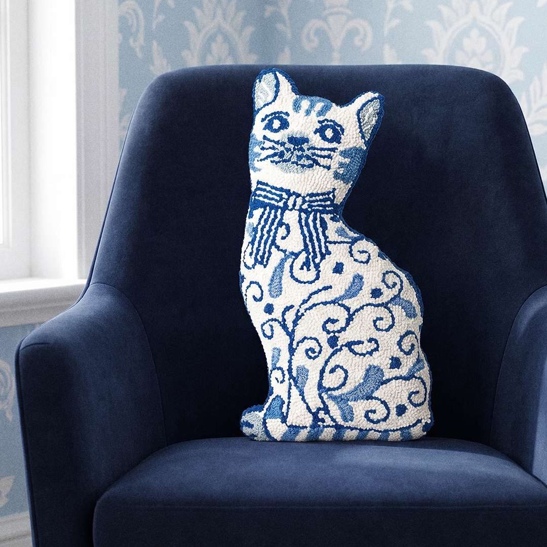 Chinoiserie Cat Hook Pillow — Blue & White Decorative Throw Pillow (12x20”)