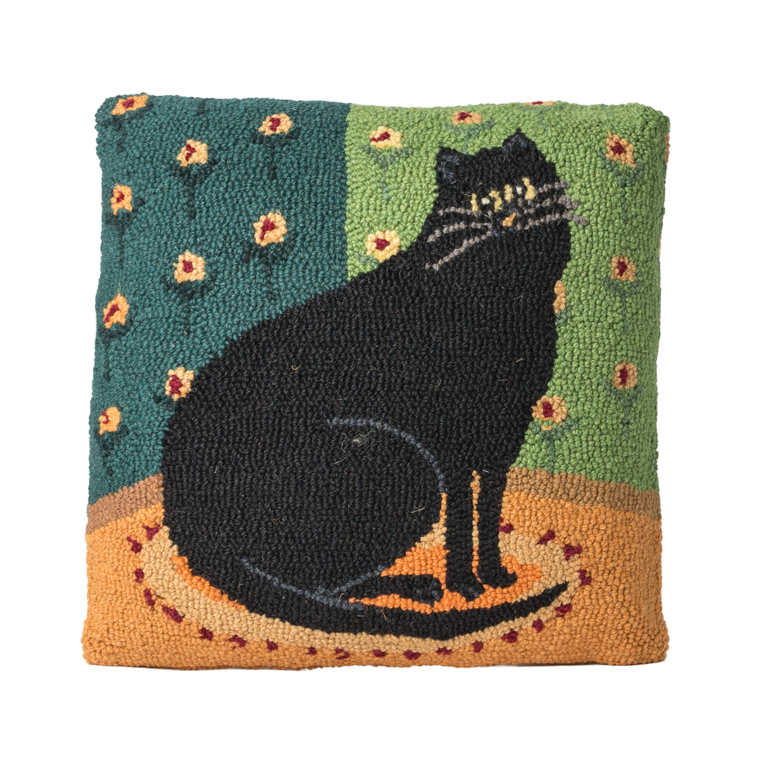 Black Cat in a Corner Hook Pillow — Graphic Cat Throw Pillow (16x16”)