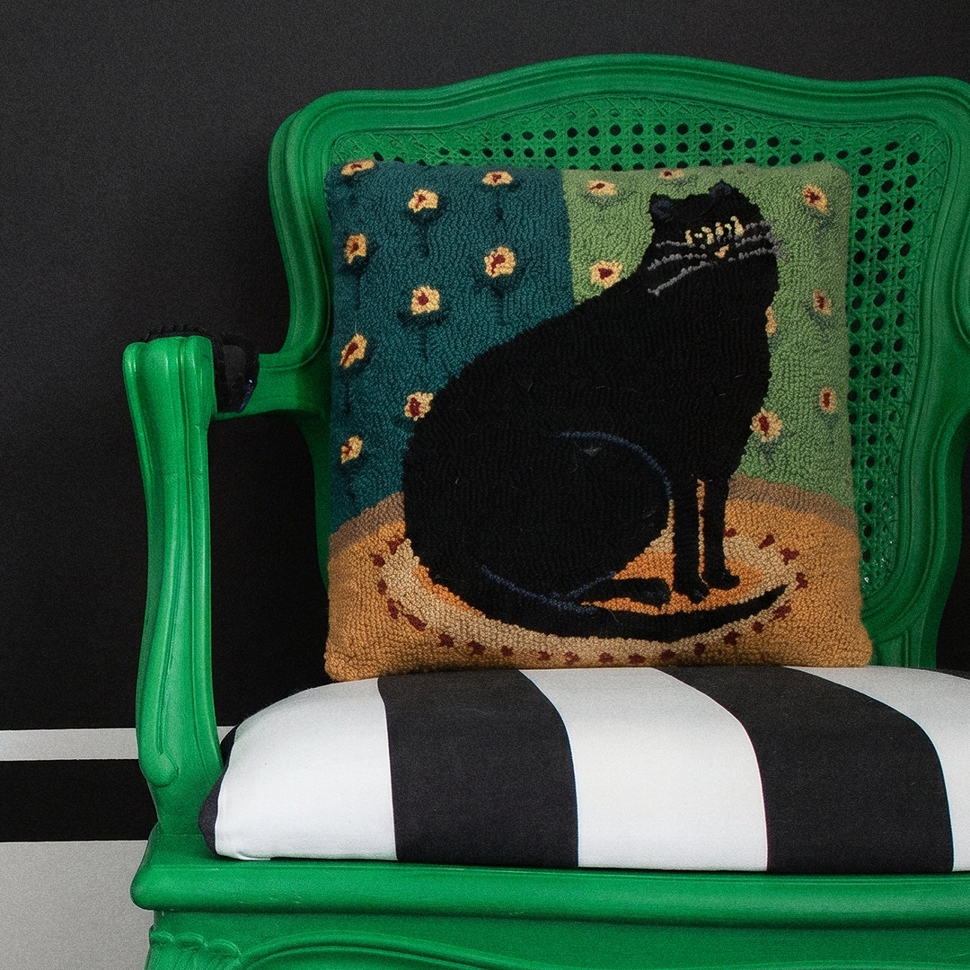 Black Cat in a Corner Hook Pillow — Graphic Cat Throw Pillow (16x16”)
