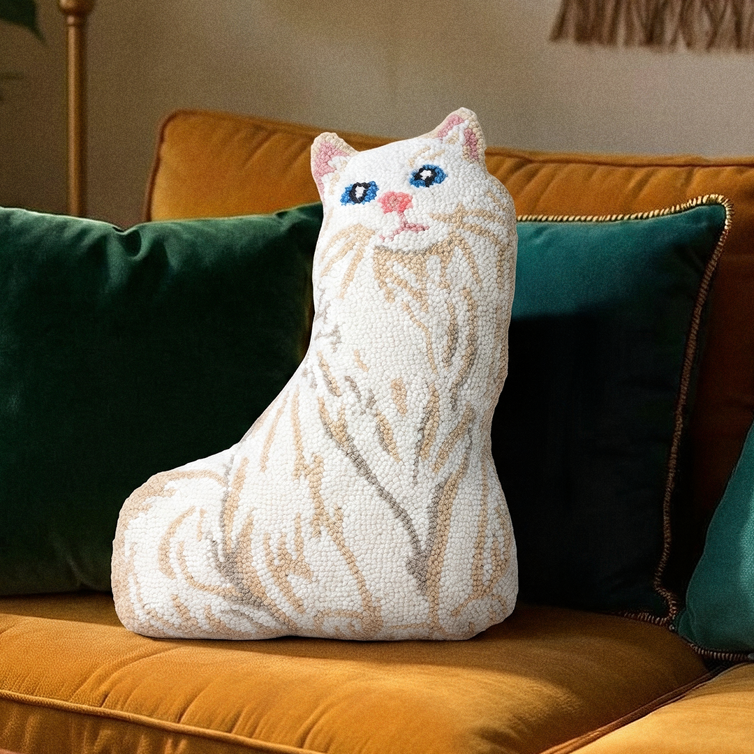 Shaped White Cat Hook Pillow — Neutral Cat Decorative Throw Pillow (14x18”)
