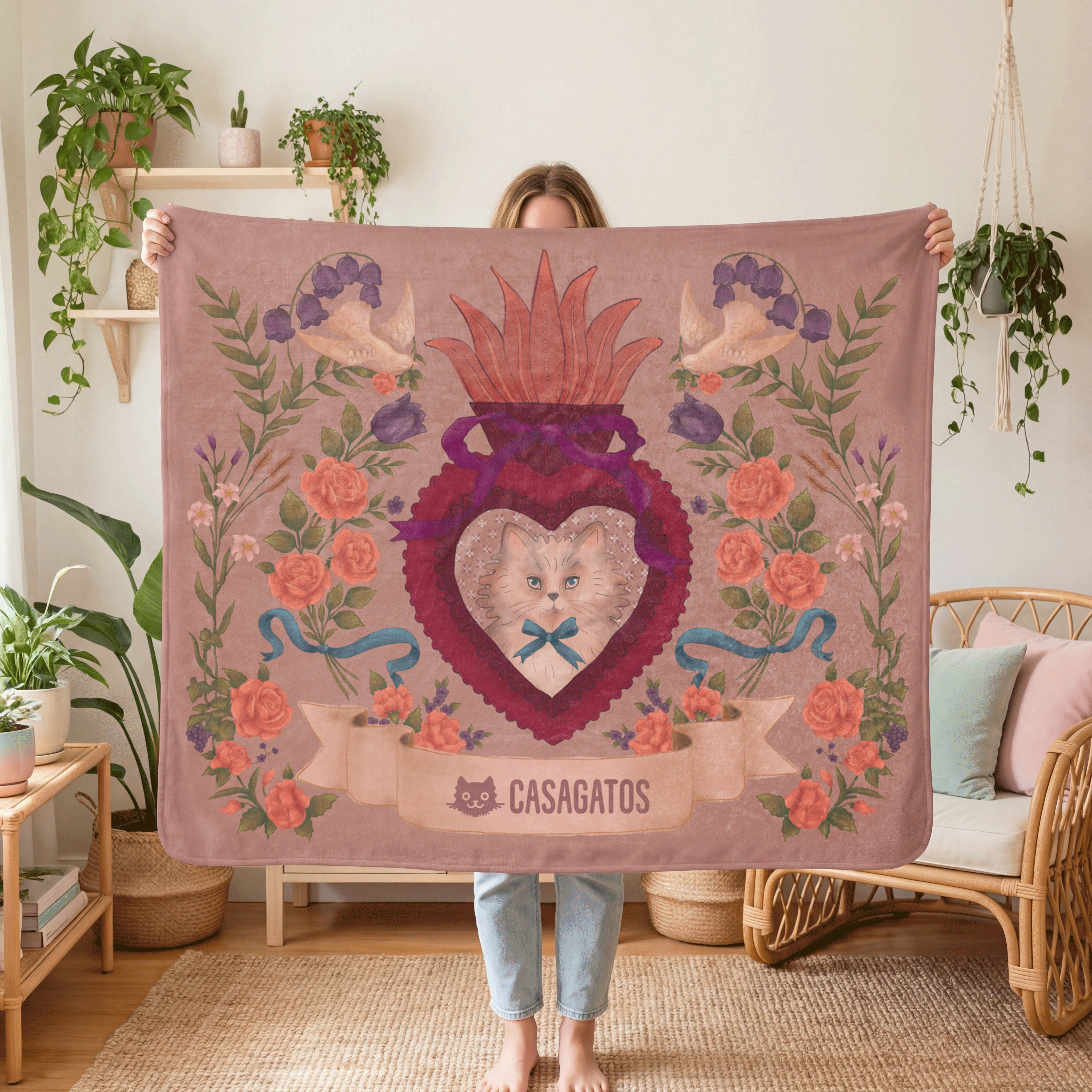 Sacred Heart 50in x 50in Sherpa Blanket – Fluffy Cat & Floral Motif
