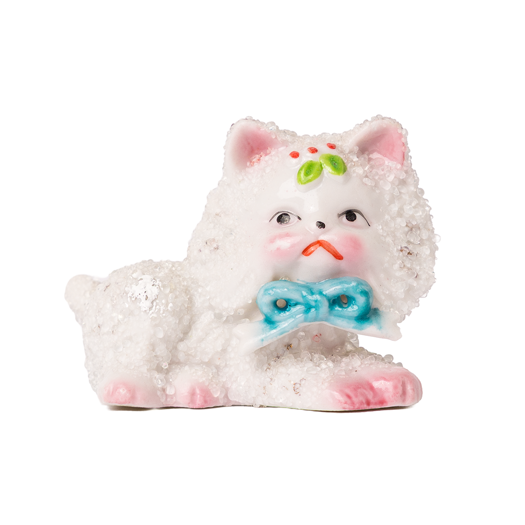 Vintage “Sugar Texture” Kitten Figurine – White Cat with Blue Bow
