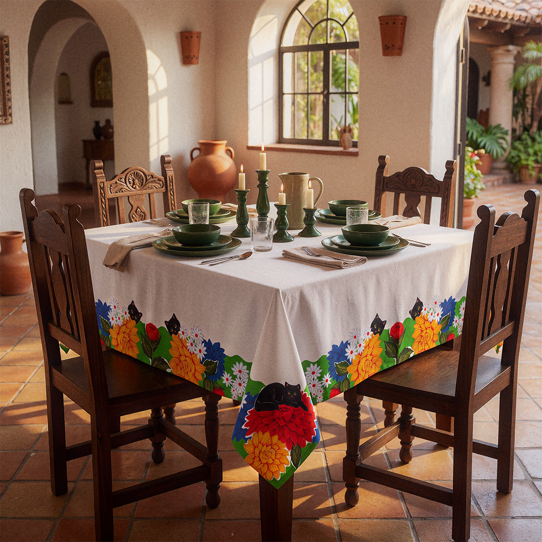 Black Cat Floral Tablecloth | 58"x58"