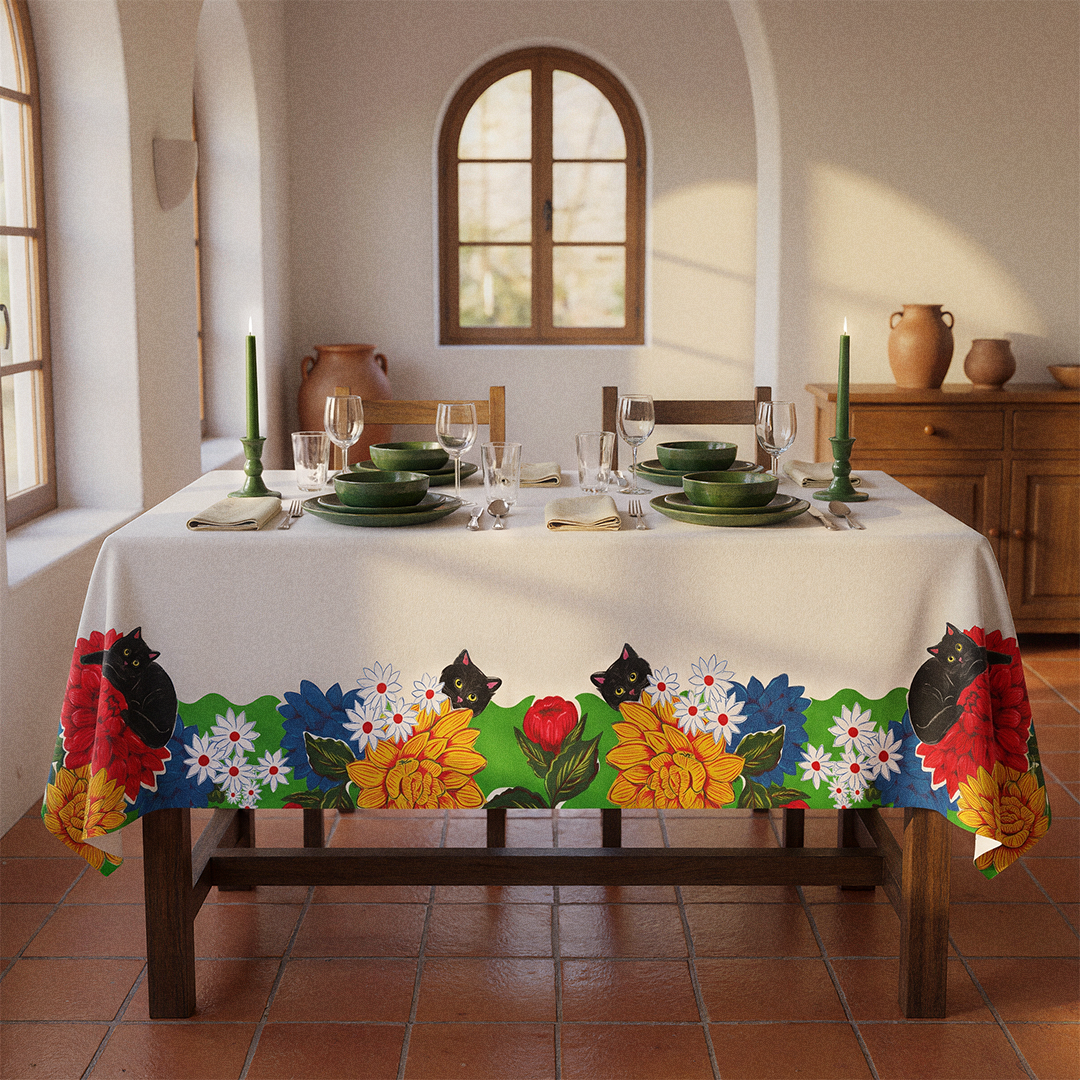 Black Cat Floral Tablecloth | 58"x102"