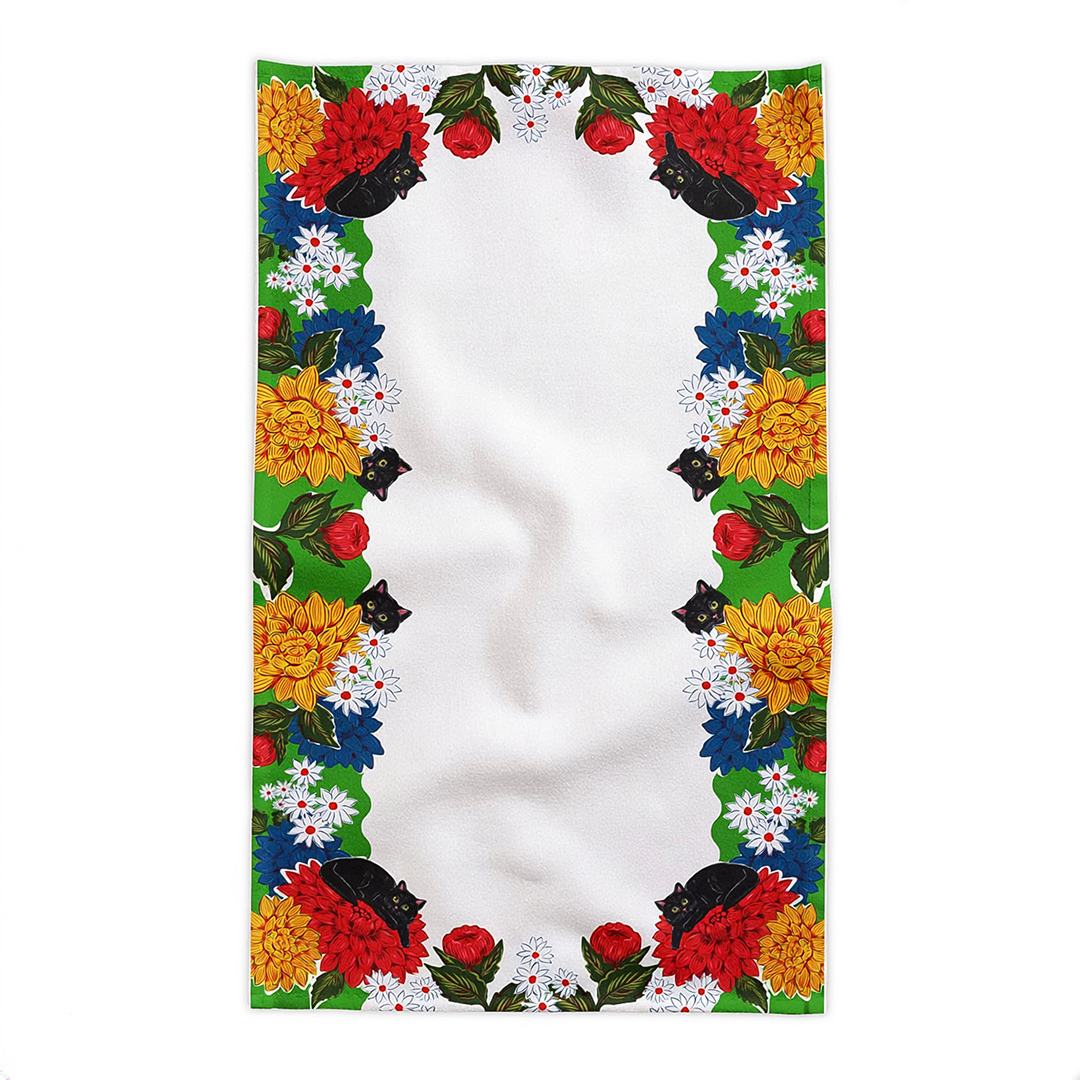 Black Cat Floral Tablecloth | 58"x102"