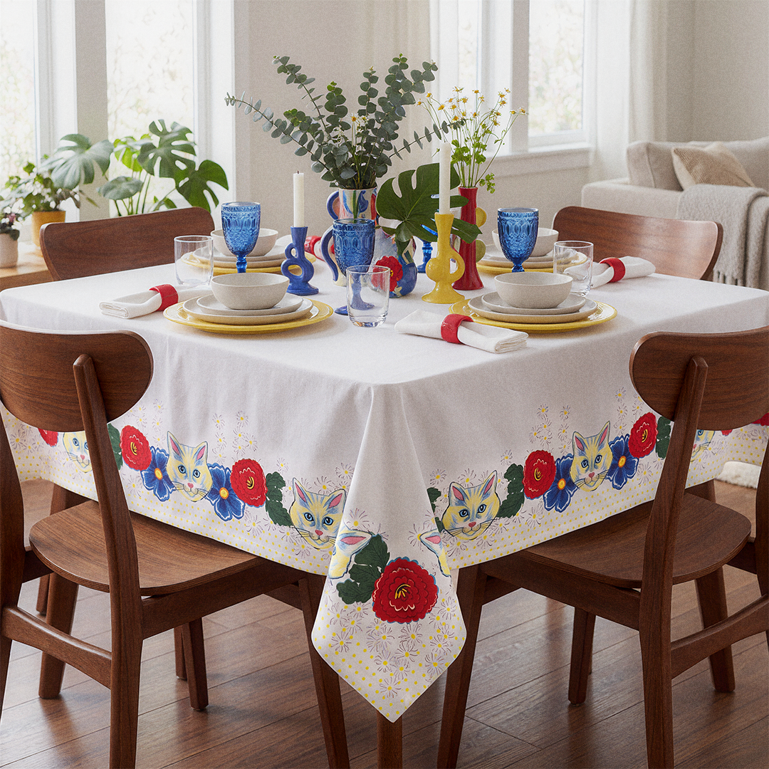 Blue Floral Cat Tablecloth | 58"x58"