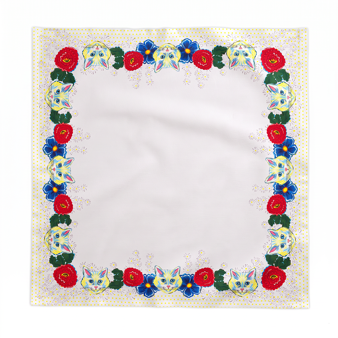 Blue Floral Cat Tablecloth | 58"x58"