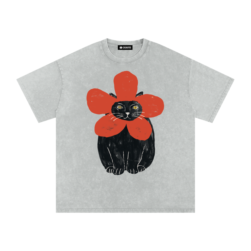 The Blooming Meow - Snow Washed Oversized Cotton T-Shirt